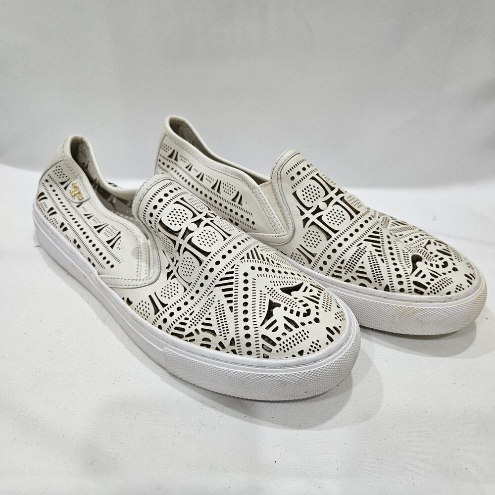 Tory Burch Roselle Slip On Sneakers Shoe Size 8M White Laser Cut Leather Casual